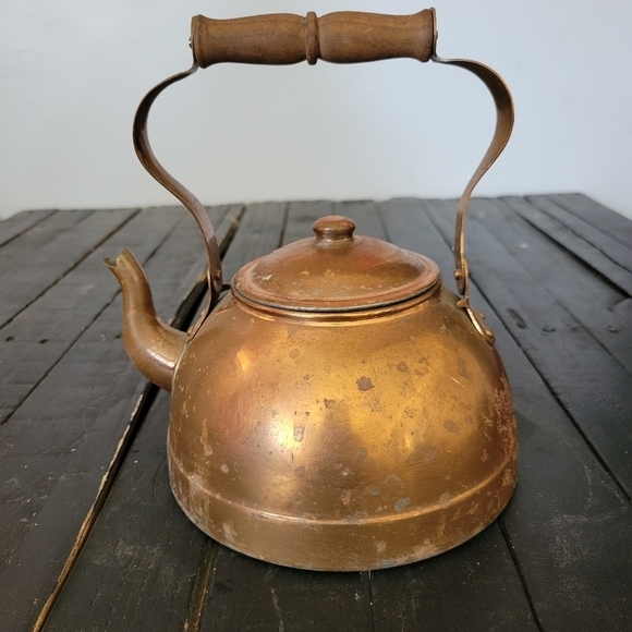 Vintage Copper Tea Pot Wooden Handle Set Water Steamer Measuring Cup - Picture 10 of 16